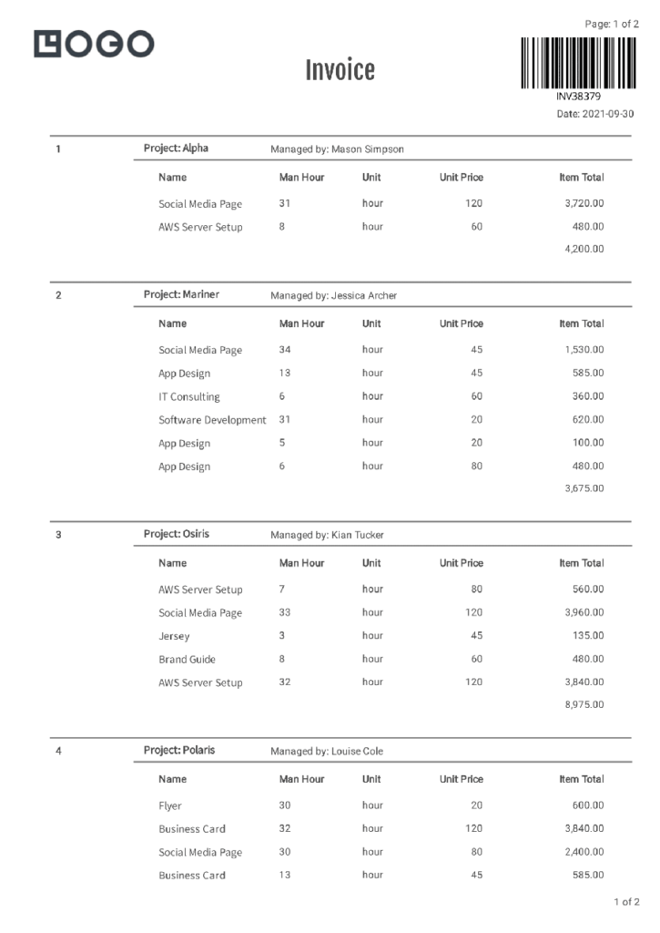Complex invoice PDF template with itemised billing