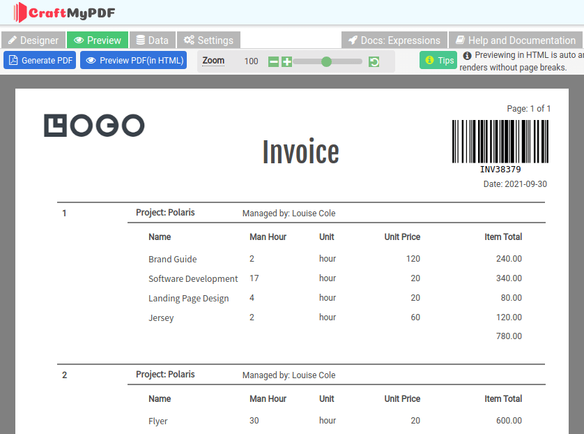 CraftMyPDF editor preview