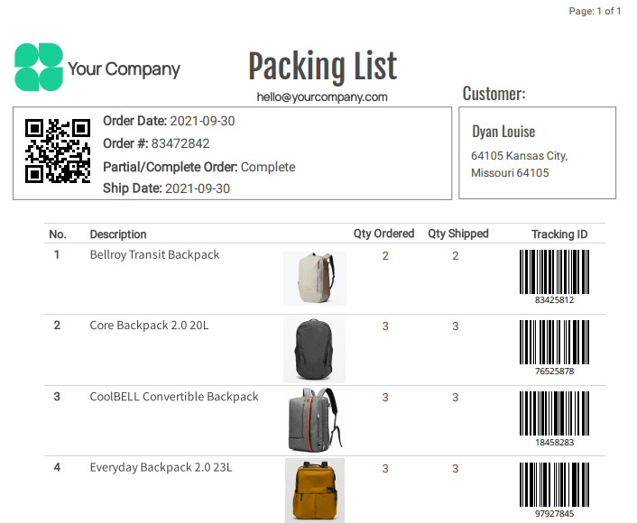 CraftMyPDF packing slip template preview