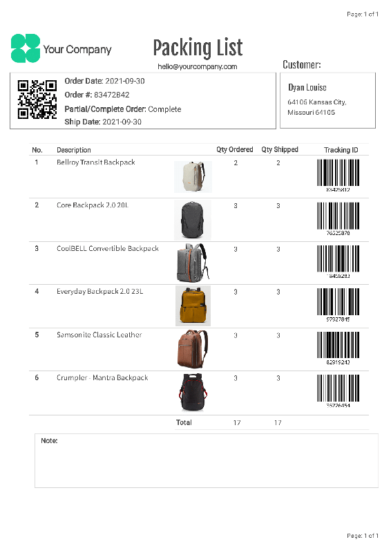 Packing list PDF template with product photos, QR code and barcode tracking IDs