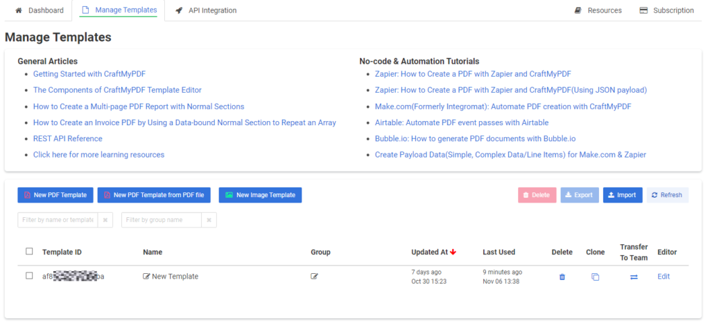 Manage Templates screen on CraftMyPDF