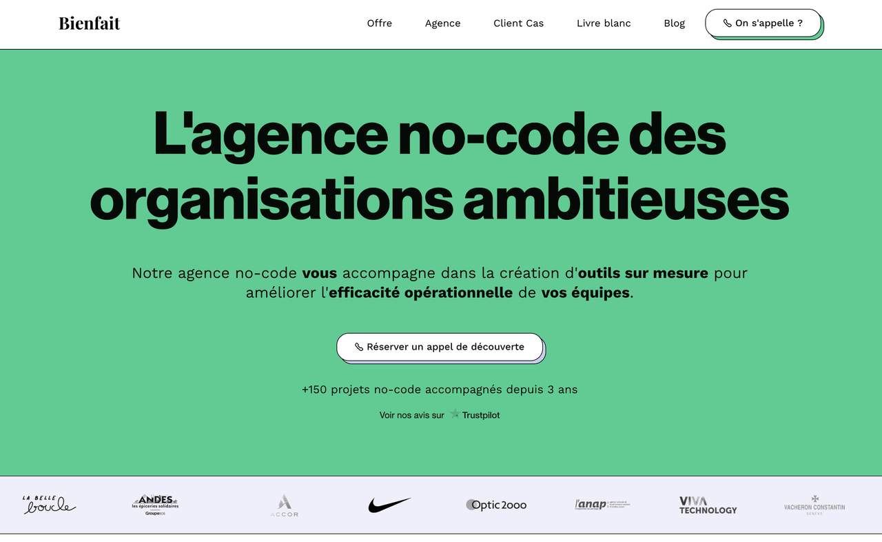 Bienfait no-code agency landing page with client logos