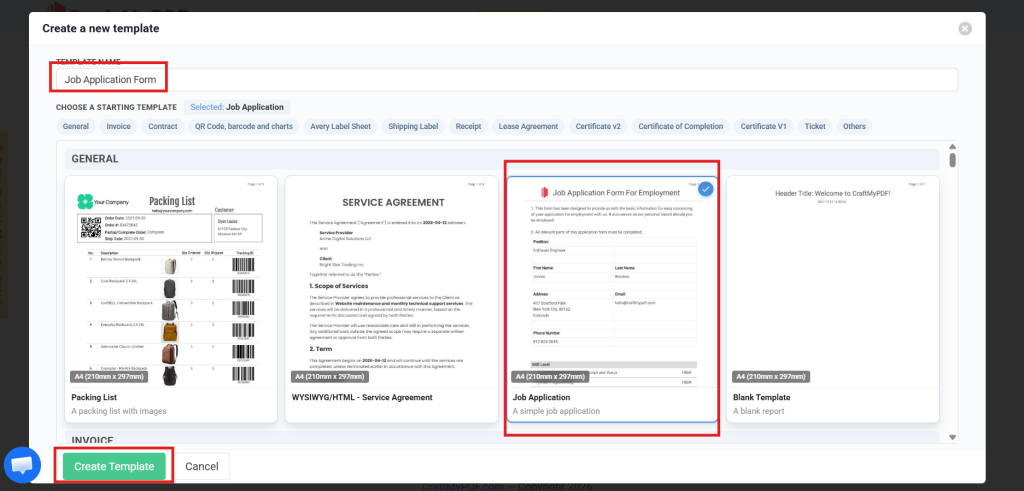 CraftMyPDF Create New Template dialog with the Job Application template selected from the list