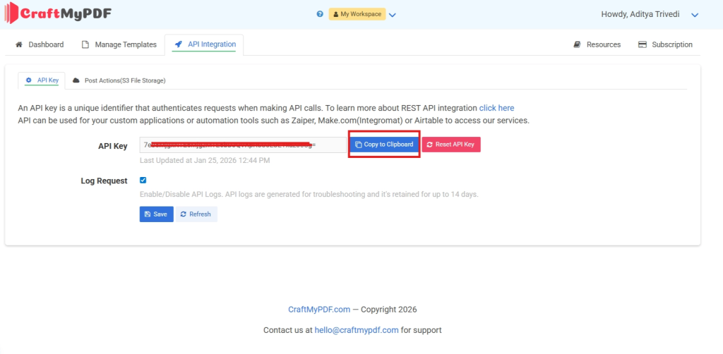 CraftMyPDF dashboard showing the API Integration page with the API key ready to copy