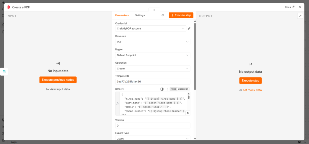 CraftMyPDF node in n8n configured with template ID, credentials, and JSON properties mapping form data