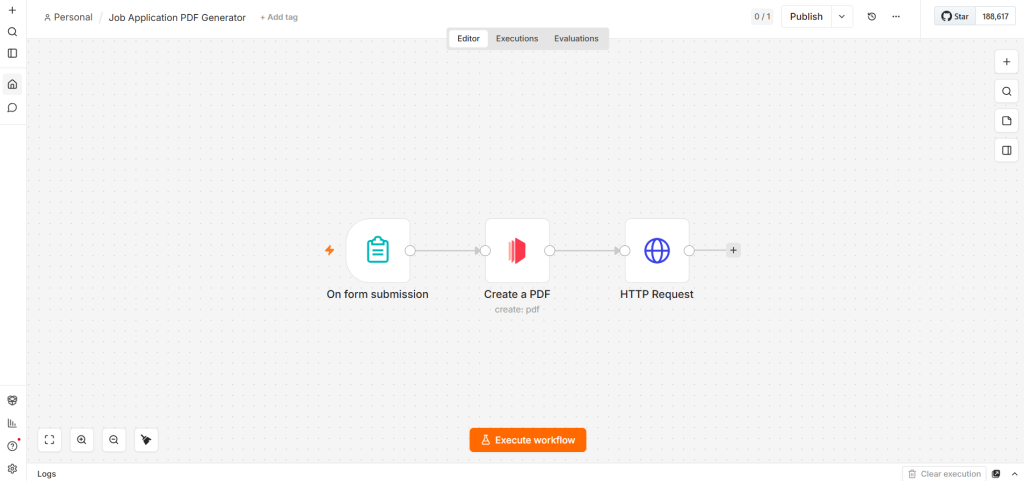The complete n8n workflow with all nodes connected: Form Trigger, CraftMyPDF, and HTTP Request (