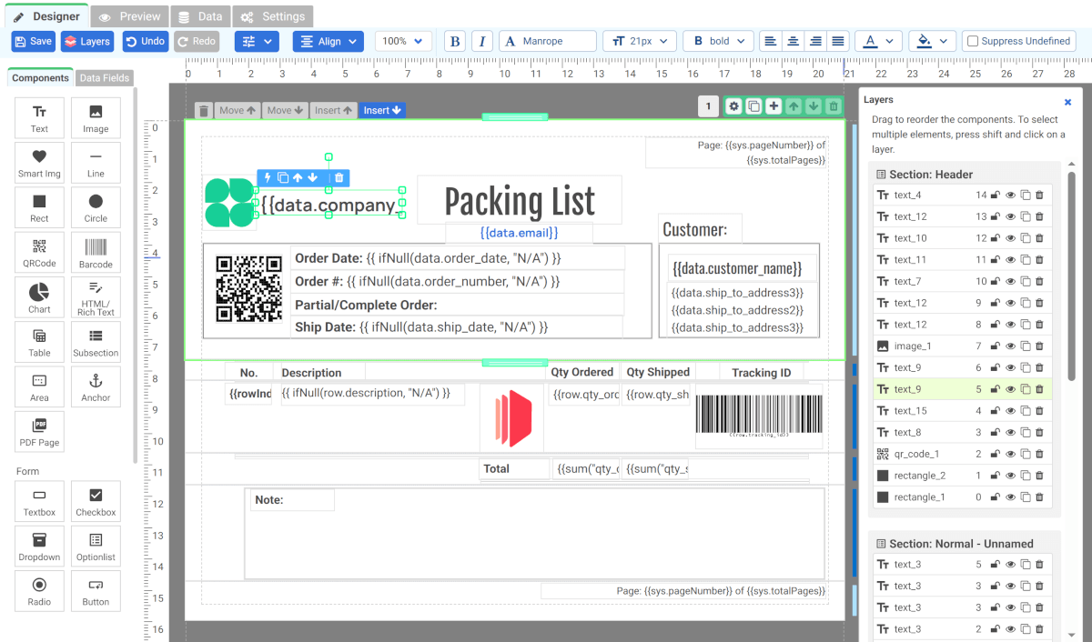 CraftMyPDF drag-and-drop template editor showing a packing list template with data-field expressions and the layers panel