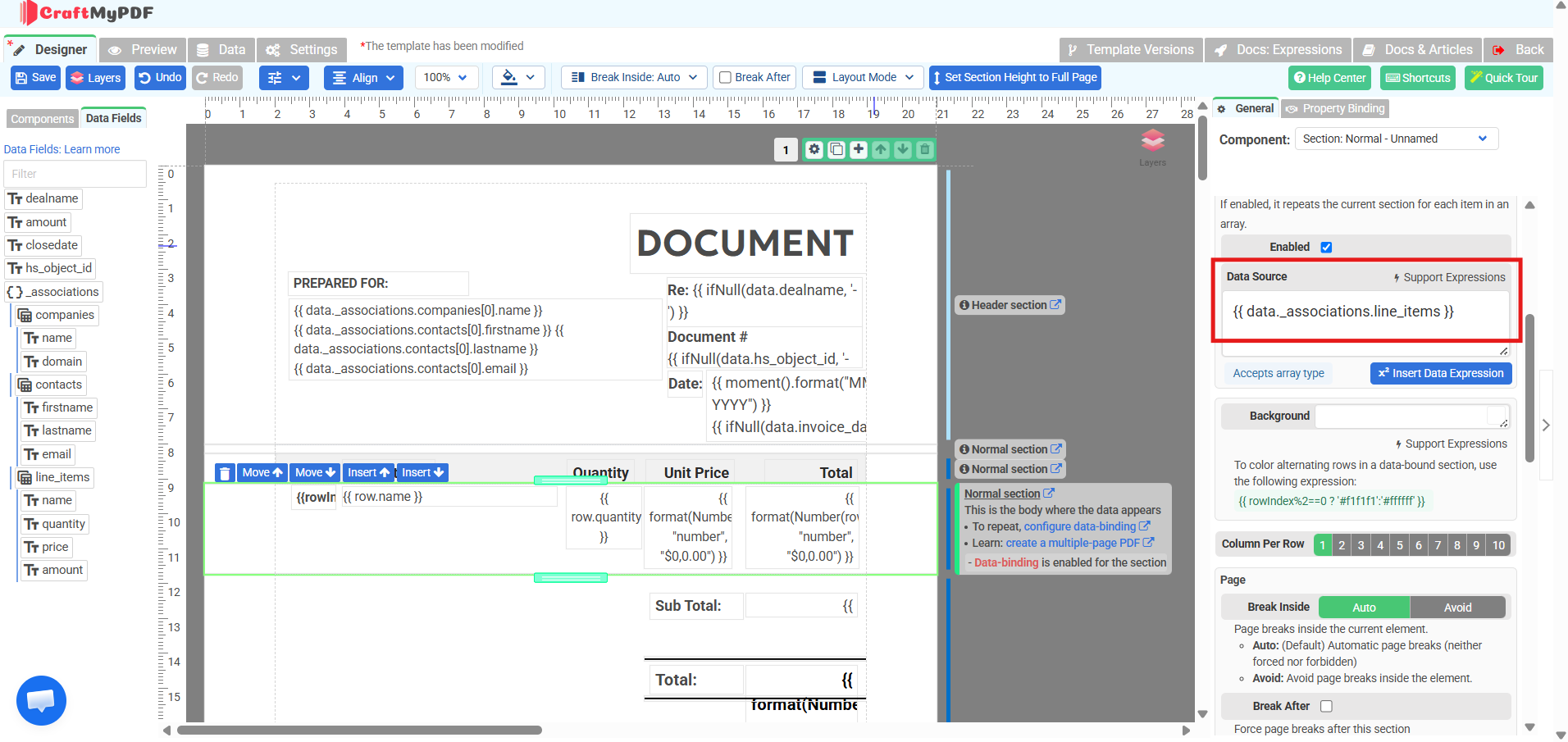 CraftMyPDF designer with the line-items section bound to the HubSpot deal's line items