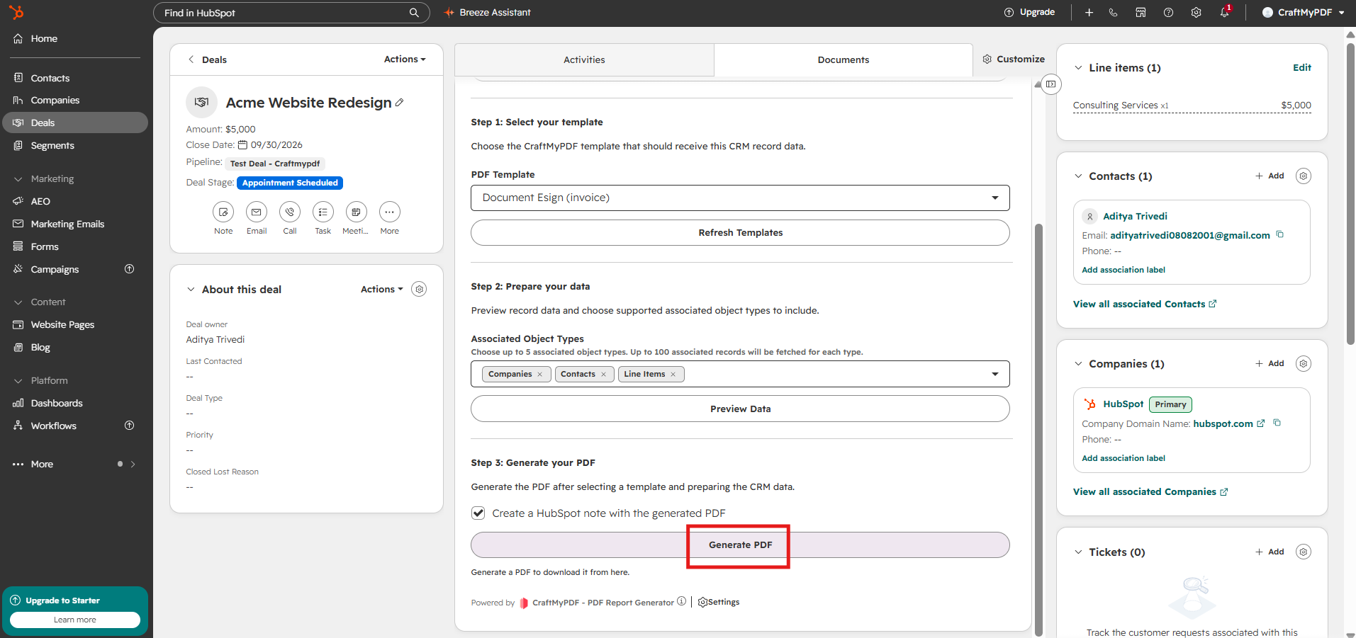 Generate PDF button on the CraftMyPDF app card inside a HubSpot deal record