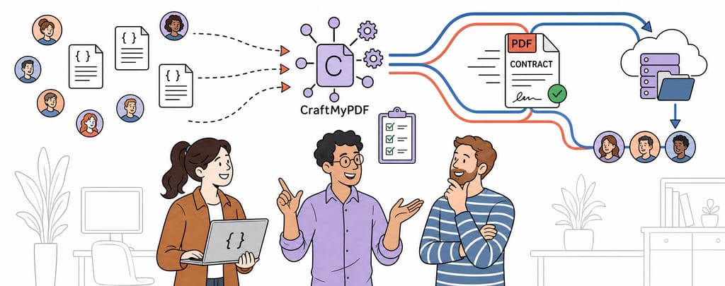 A development team compares eSignature options while JSON data flows through CraftMyPDF into a signed PDF contract for each signer